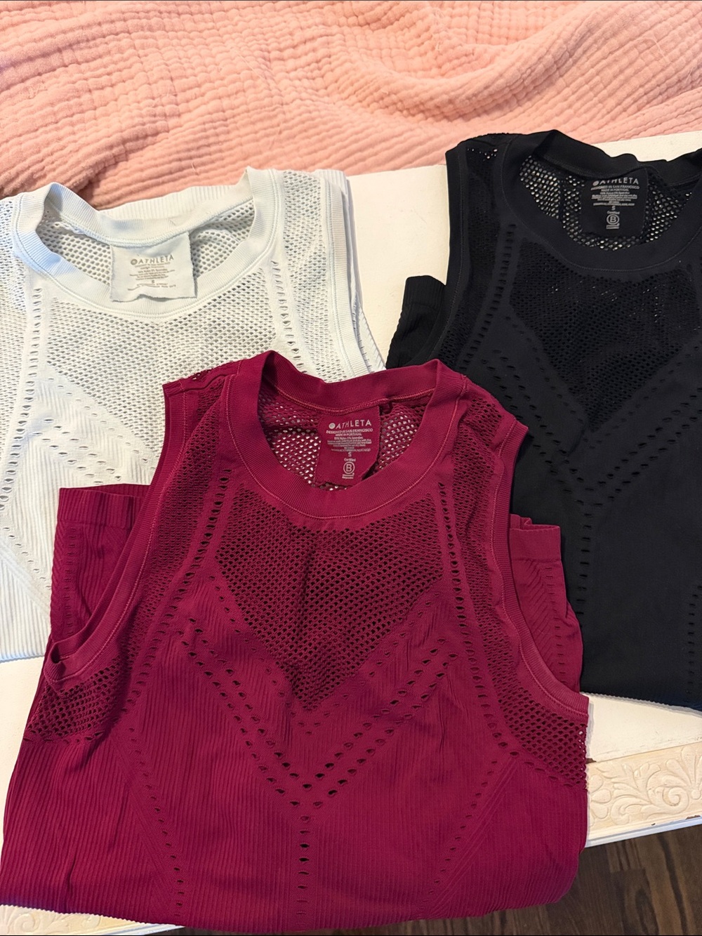 Athleta Mesh Performance Tank Trio - Burgundy, Black & White set of 3